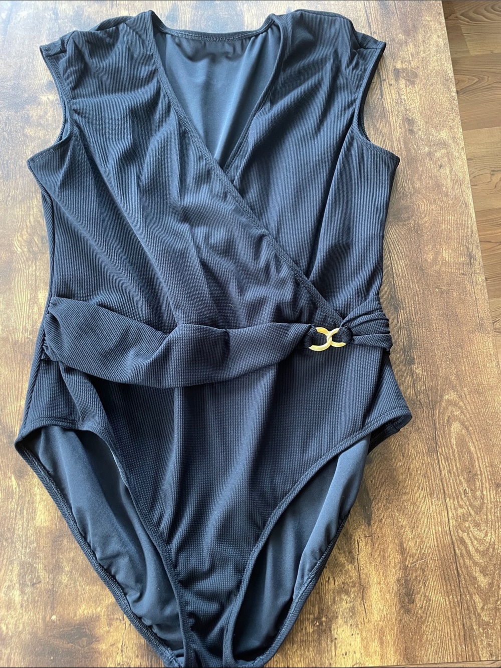 Bleu Rod Beattie Black One-Piece Swimsuit with Gold Ring Detail